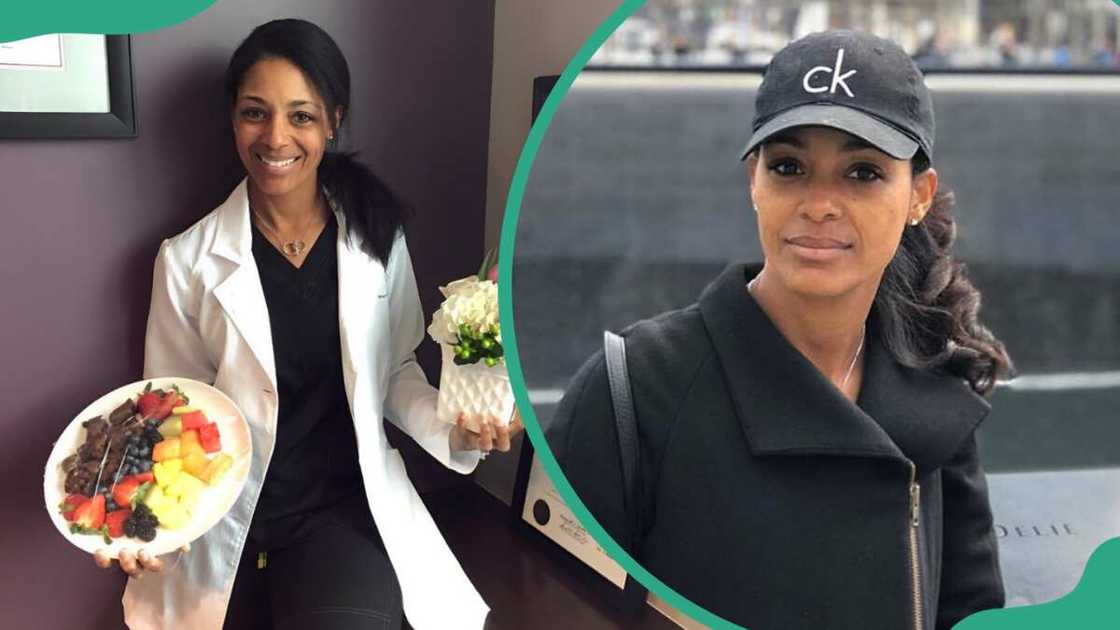 Michael Jai White's ex-wife, Courtenay, at her clinic, holding a plate of fruits and a bunch of flowers (L) and at the cemetery (R) Michael Jai White's ex-wife, Courtenay, at her clinic, holding a plate of fruits and a bunch of flowers (L) and at the cemetery (R)