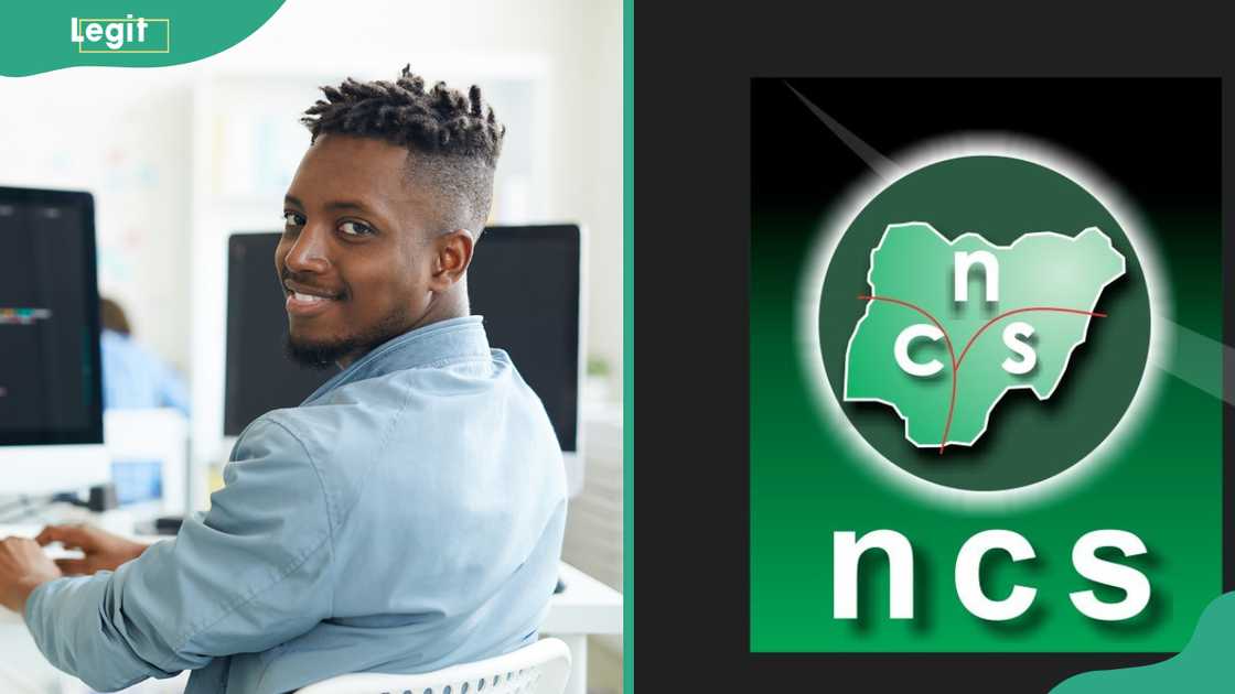 Happy guy looking at you while sitting by workplace and working with software and the Nigerian Computer Society (NCS) logo