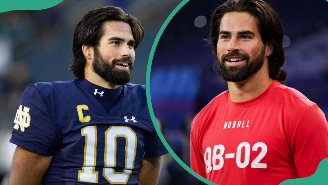 Sam Hartman #10 of Notre Dame at Notre Dame Stadium (L) and at Lucas Oil Stadium in Indianapolis, Indiana (R) Sam Hartman #10 of Notre Dame at Notre Dame Stadium (L) and at Lucas Oil Stadium in Indianapolis, Indiana (R)