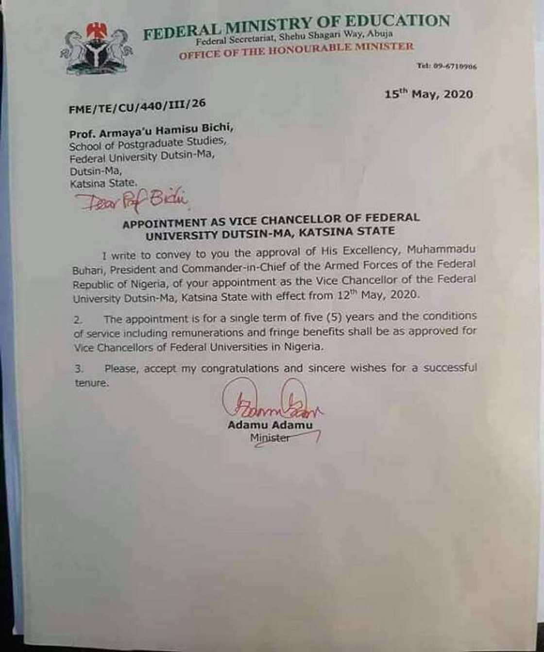 Armaya’u Hamisu Bichi ne Shugaban Jami’ar FUDMA – Adamu Adamu Armaya’u Hamisu Bichi ne Shugaban Jami’ar FUDMA – Adamu Adamu