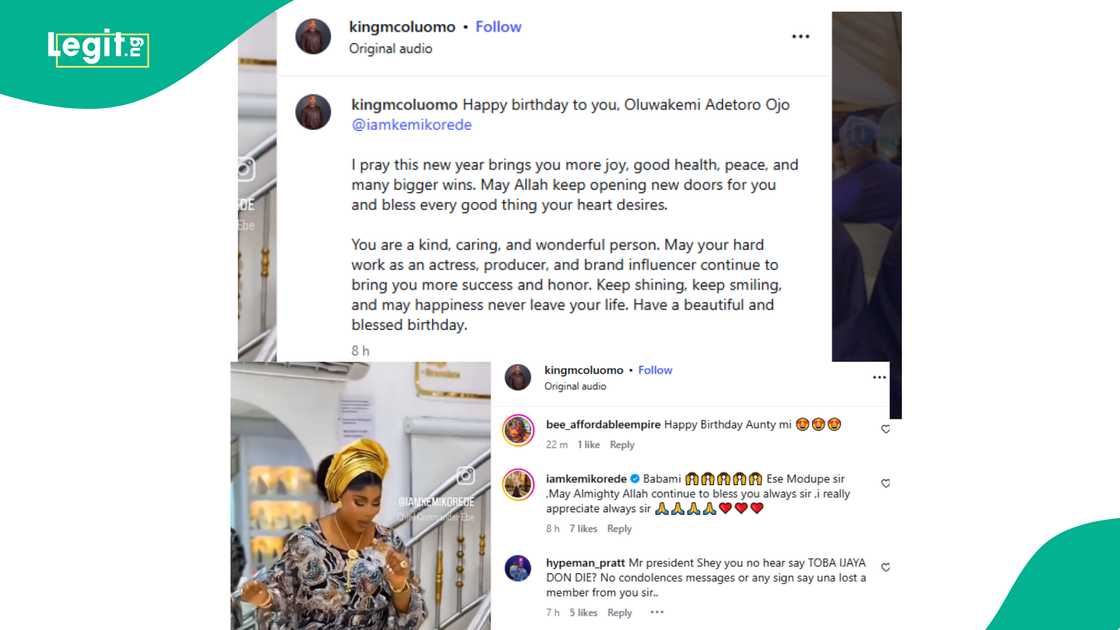MC Oluomo shares video of actress Kemi Korede as he celebrates her birthday.