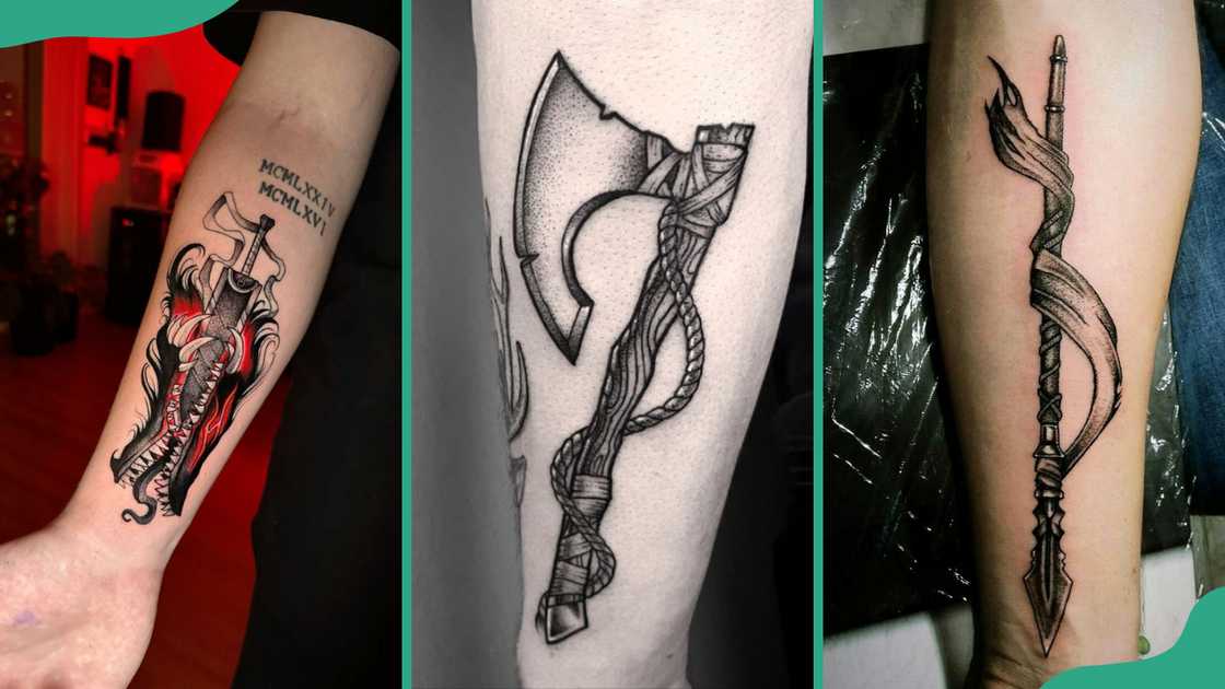 Sword (L), axe (C), and spear (R) tattoos Sword (L), axe (C), and spear (R) tattoos