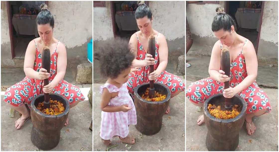Photos of a white woman pounding cooked palm fruits. Photos of a white woman pounding cooked palm fruits.