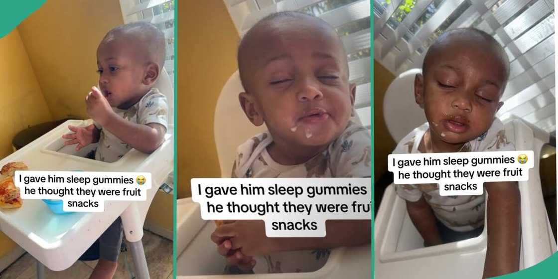 Mother gives her son sleep gummies. Mother gives her son sleep gummies.