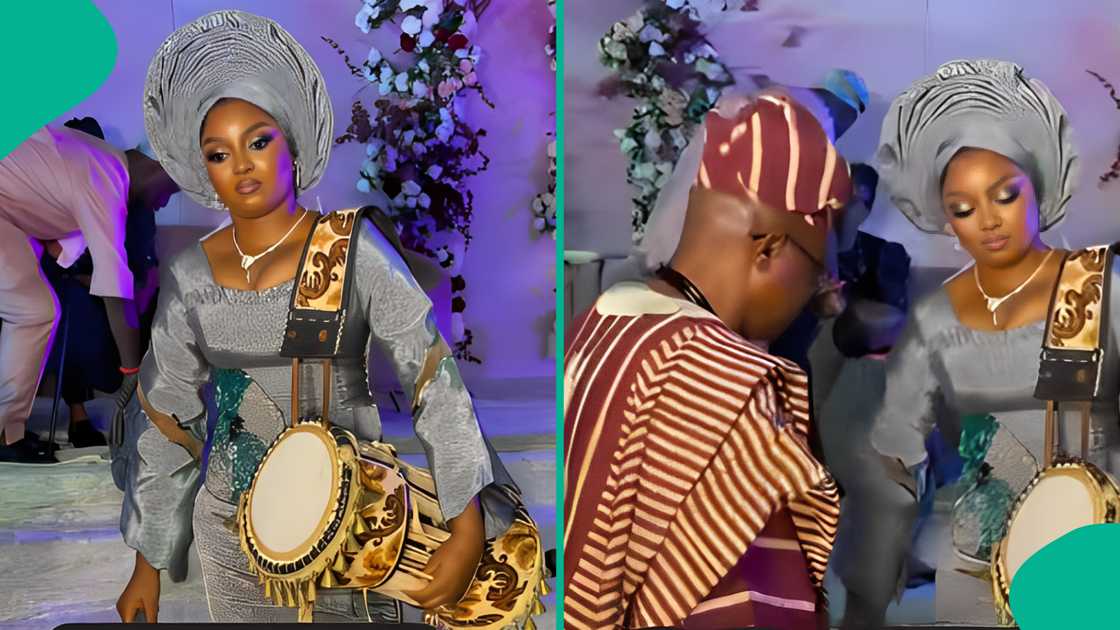 Bride plays talking drum on her wedding