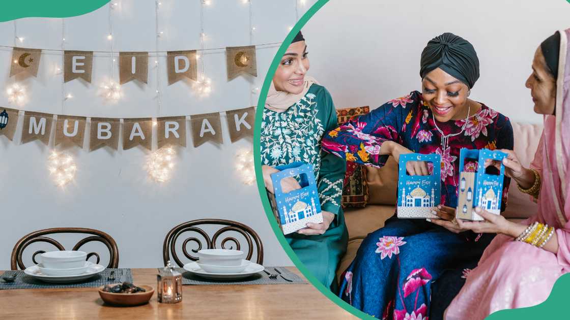 A table with Eid Mubarak decorations on the wall and three women in hijabs opening their Eid presents A table with Eid Mubarak decorations on the wall and three women in hijabs opening their Eid presents