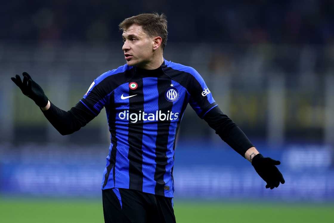 Nicolo Barella gestures during the Coppa Italia quarter-final match between Fc Internazionale and Atalanta Bc Nicolo Barella gestures during the Coppa Italia quarter-final match between Fc Internazionale and Atalanta Bc