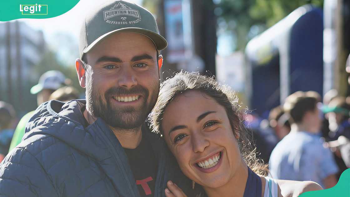 Remi Warren gently holding his wife, Danielle Warren, in a warm, affectionate embrace