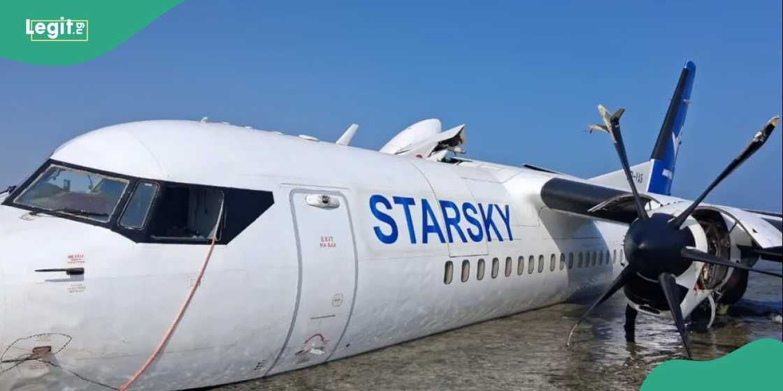 The Starsky Aviation aircraft resting in shallow water near Mogadishu airport after the crash landing