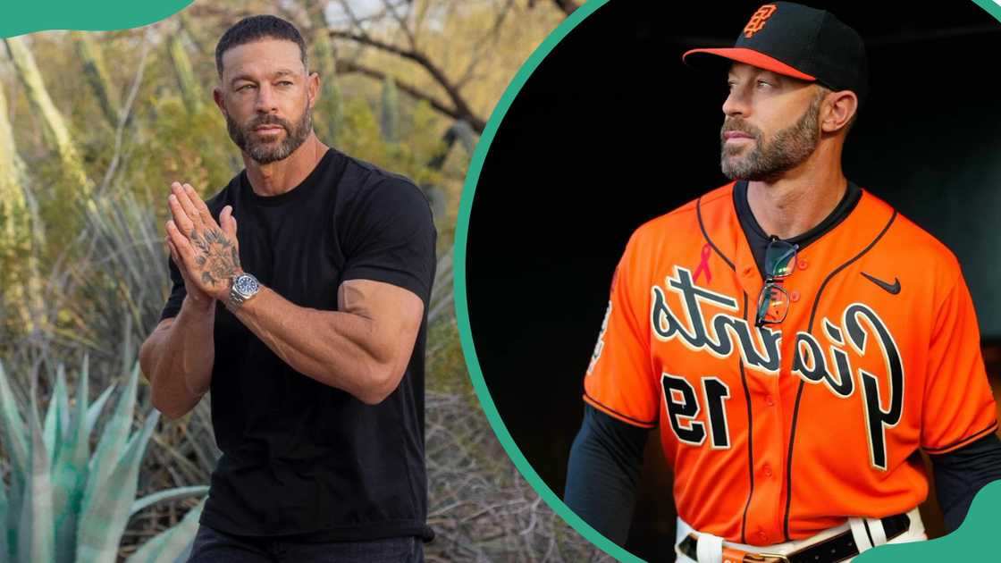 Gabe Kapler standing outdoors in a casual setting (L). The former MLB player wearing a San Francisco Giants baseball uniform (R)