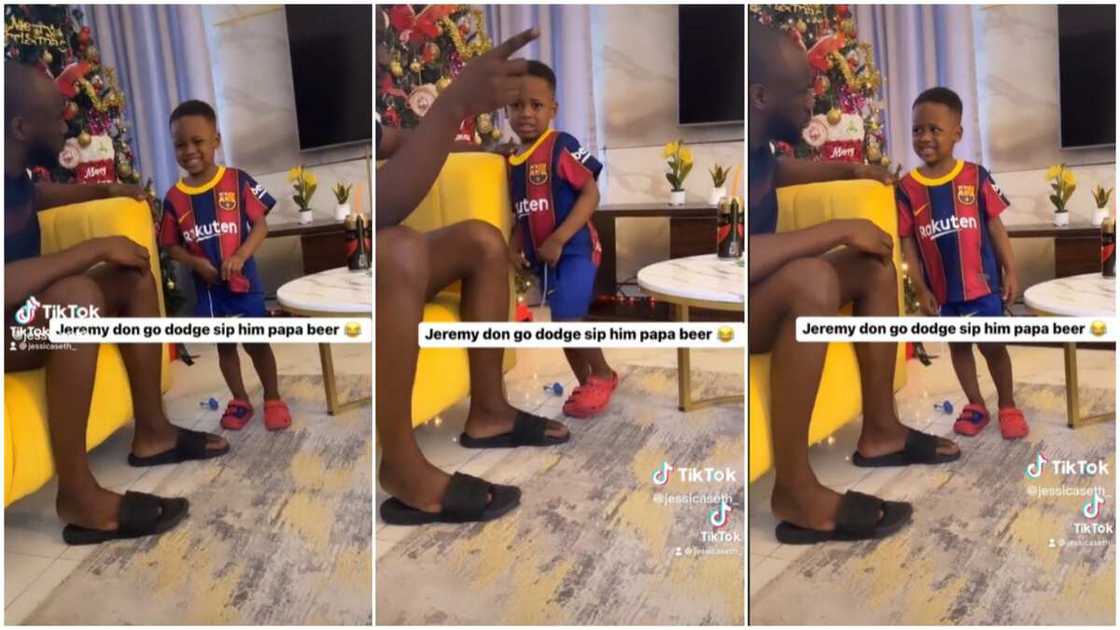 Father and kid/son sipped dad's beer. Father and kid/son sipped dad's beer.