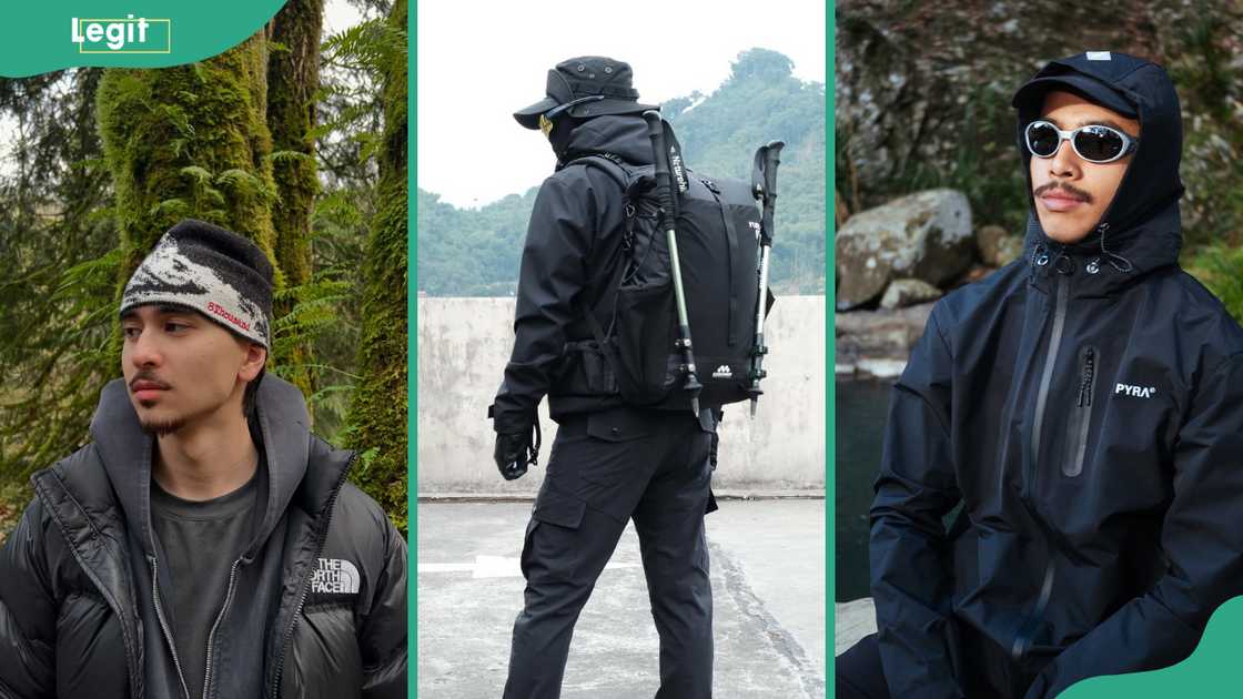 Gorpcore accessories: beanies (L), backpack (C), sporty sunglasses (R) Gorpcore accessories: beanies (L), backpack (C), sporty sunglasses (R)