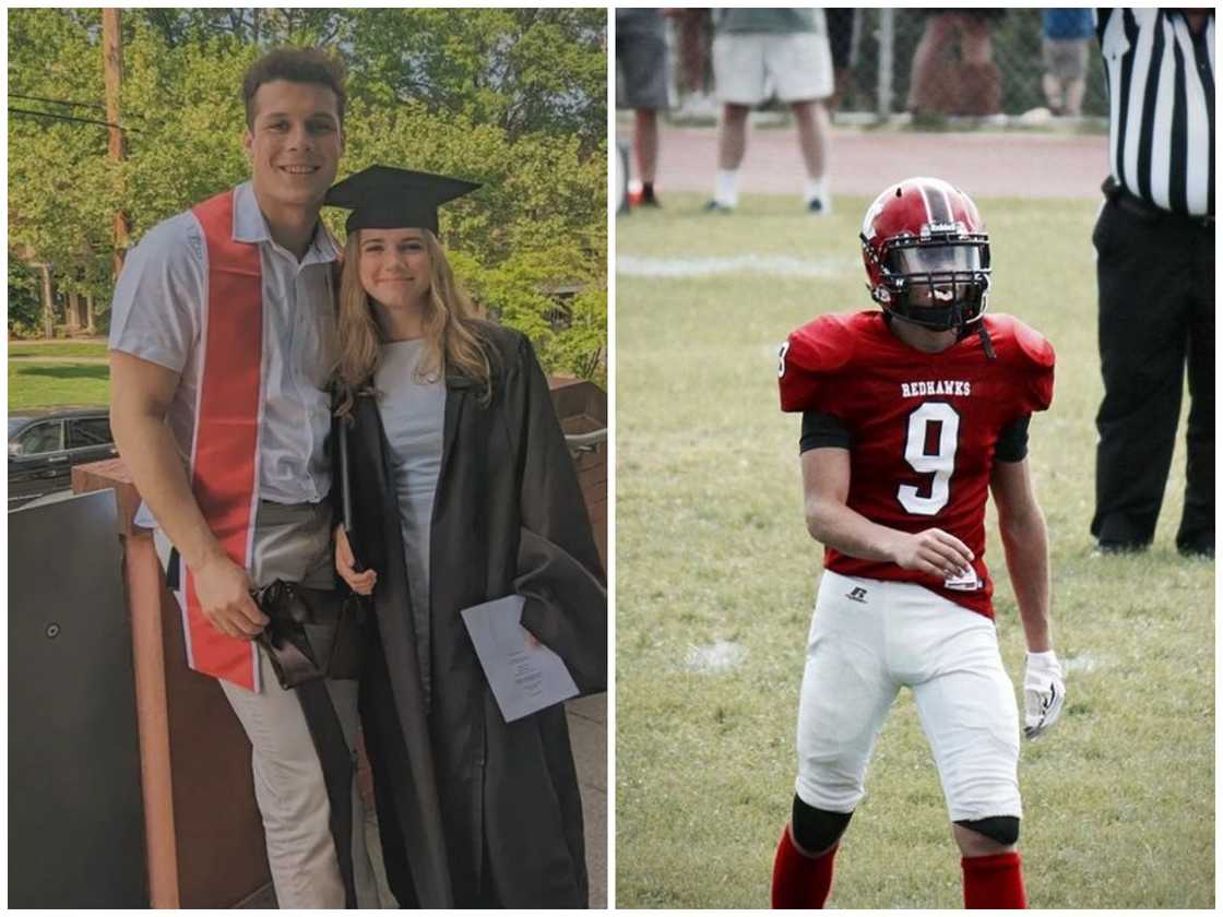 Graham Walker at a graduation ceremony (L). He is in action during a past football game (R) Graham Walker at a graduation ceremony (L). He is in action during a past football game (R)