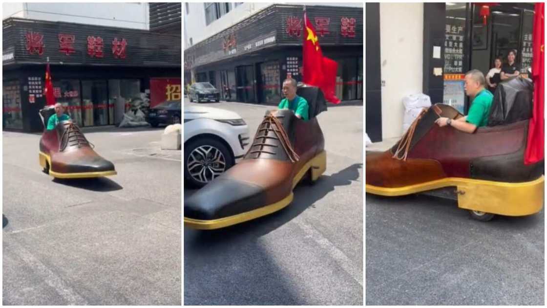 Man in shoe car