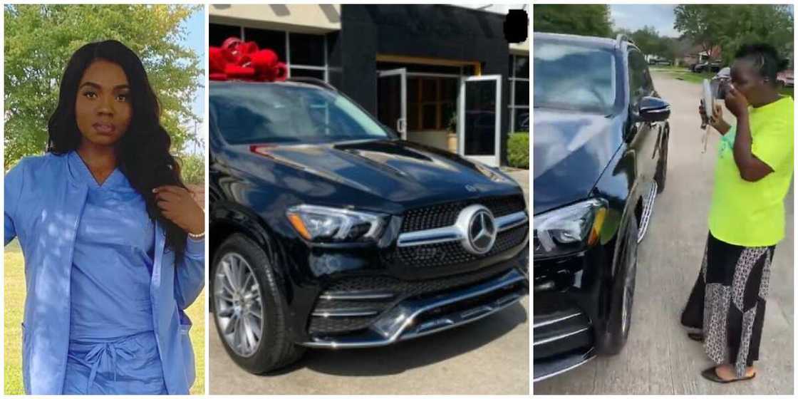 Reactions as Nigerian Lady Surprises Her Mum with a 2021 Mercedes GLE and Some Cash