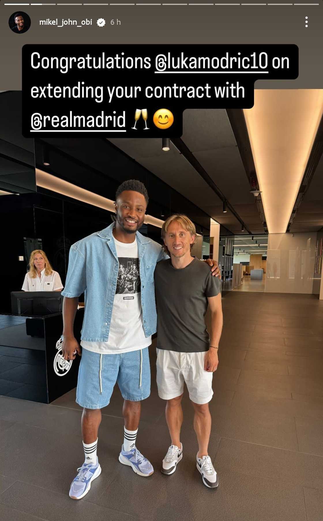 Mikel Obi congratulates Luka Modric on his Real Madrid contract. Mikel Obi congratulates Luka Modric on his Real Madrid contract.