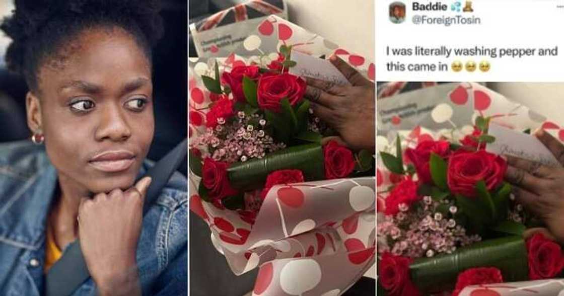 Nigerian lady shows off flower bouquet, plantain leaf