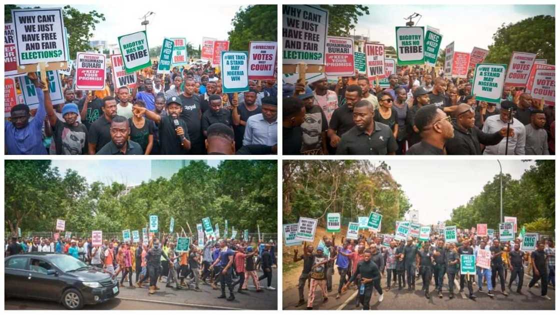 Protesters, INEC chairman, Mahmood Yakubu, PDP APC, Labour Party, youths, Muhammadu Buhari