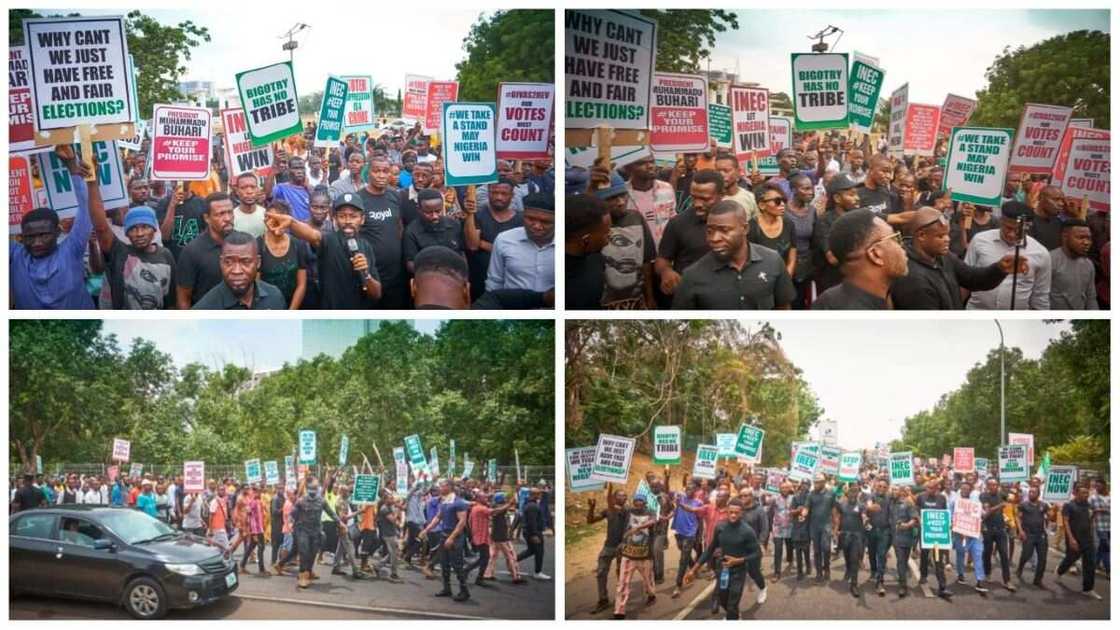 Protesters, INEC chairman, Mahmood Yakubu, PDP APC, Labour Party, youths, Muhammadu Buhari Protesters, INEC chairman, Mahmood Yakubu, PDP APC, Labour Party, youths, Muhammadu Buhari