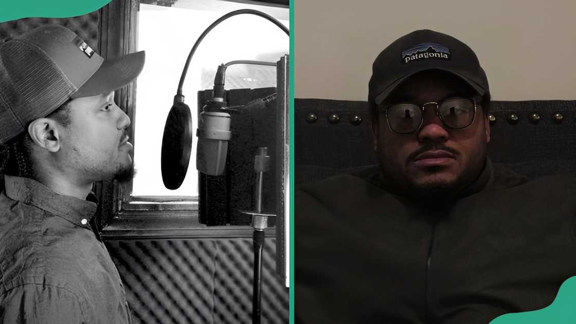 Rome Cee records music at a studio (L). The rapper looks on as he sits on a couch (R) Rome Cee records music at a studio (L). The rapper looks on as he sits on a couch (R)