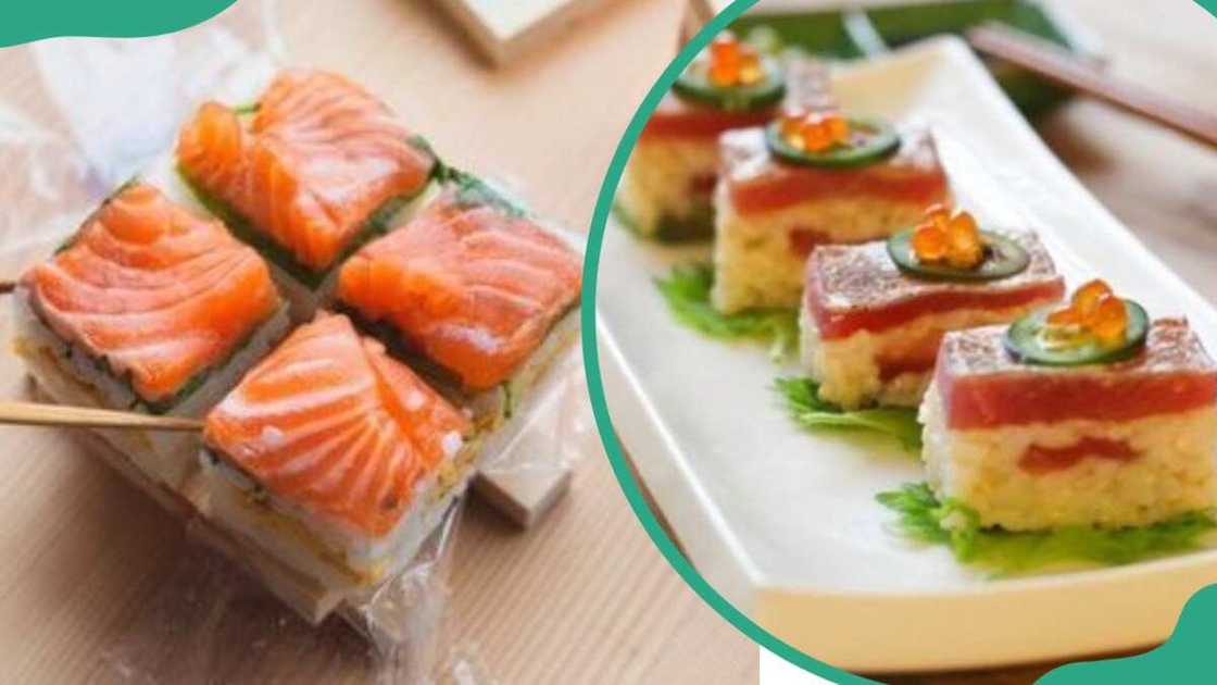 Oshizushi served on a wooden surface (L). Oshizush served on a white plate (R)