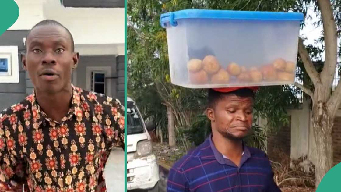Man advises fish pie hawker. Man advises fish pie hawker.