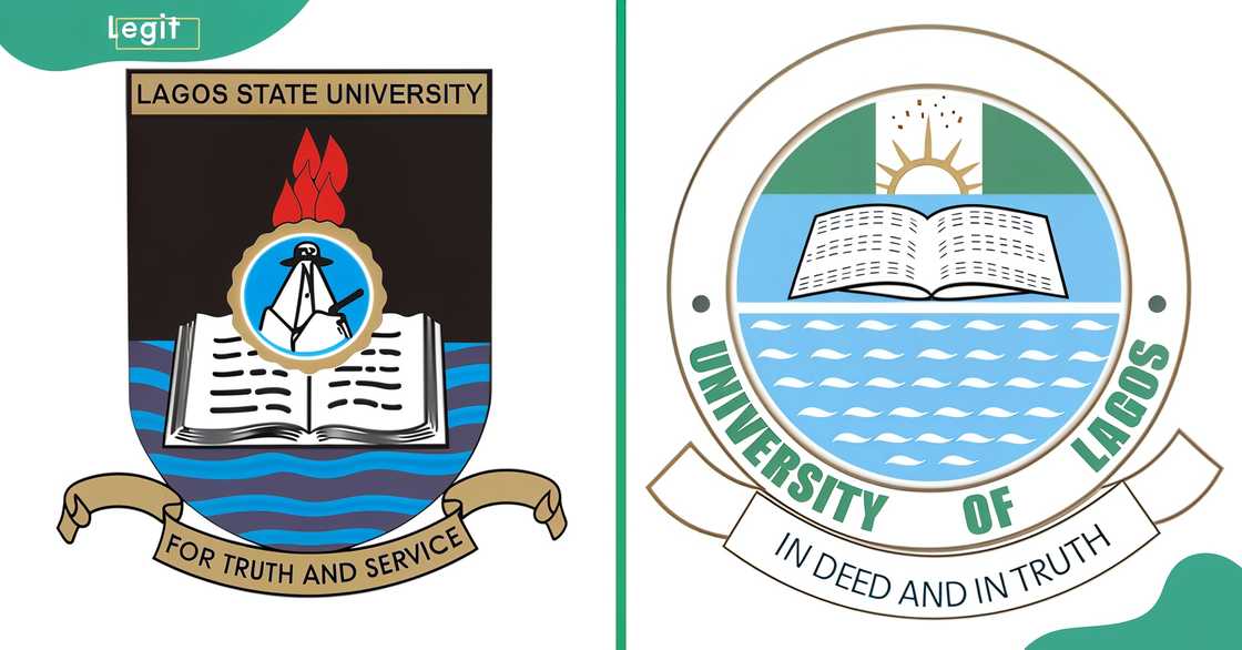 Logos of universities in Lagos: Lagos State University and the University of Lagos.