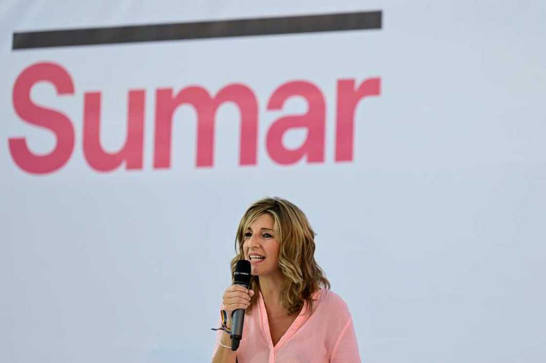 Spain's labor minister Yolanda Diaz delivers a speech during the unveiling of new political movement 'Sumar' in Madrid on July 8, 2022