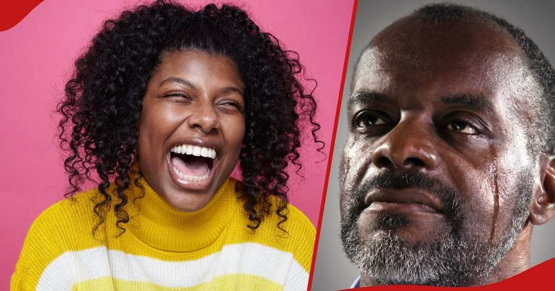 Man crying (r) while a woman (l) is laughing. Man crying (r) while a woman (l) is laughing.