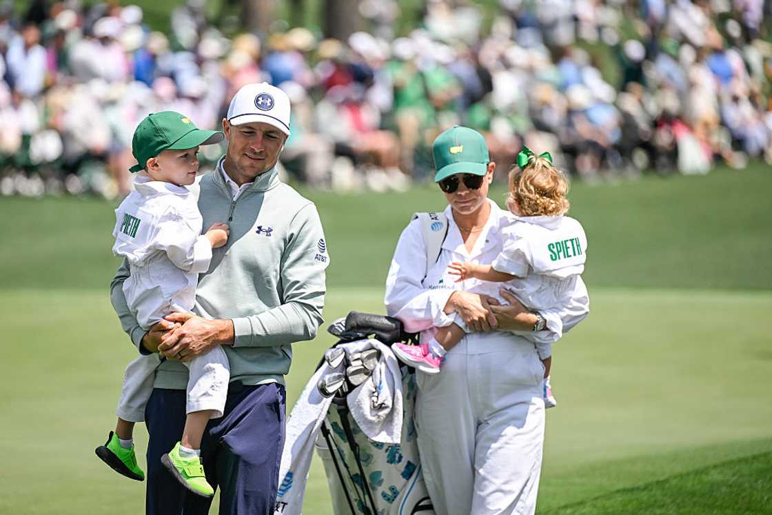Jordan Spieth, his wife Annie Verret, and their son Sammy and daughter Sophie at Augusta National Golf Club Jordan Spieth, his wife Annie Verret, and their son Sammy and daughter Sophie at Augusta National Golf Club