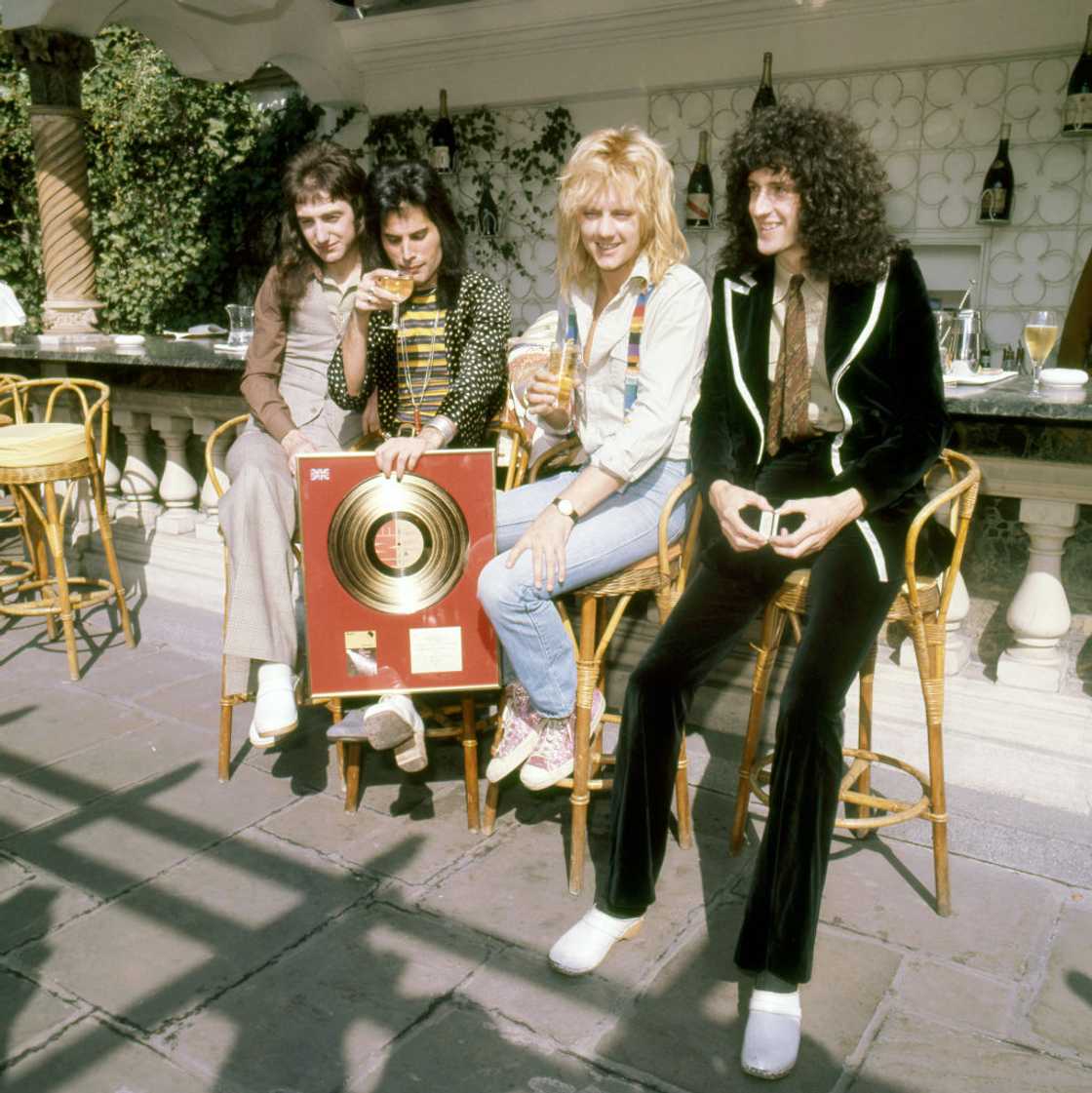 View of members of the Rock and Pop group Queen from left: John Deacon, Freddy Mercury, Roger Taylor, and Brian May View of members of the Rock and Pop group Queen from left: John Deacon, Freddy Mercury, Roger Taylor, and Brian May