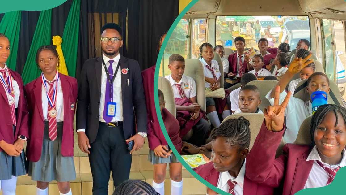Albesta Academy students with their teacher on a stage and happy students inside a bus during a school trip Albesta Academy students with their teacher on a stage and happy students inside a bus during a school trip