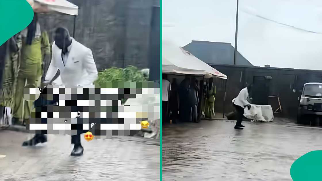 Groom turns wedding disaster into fun by dancing in downpour