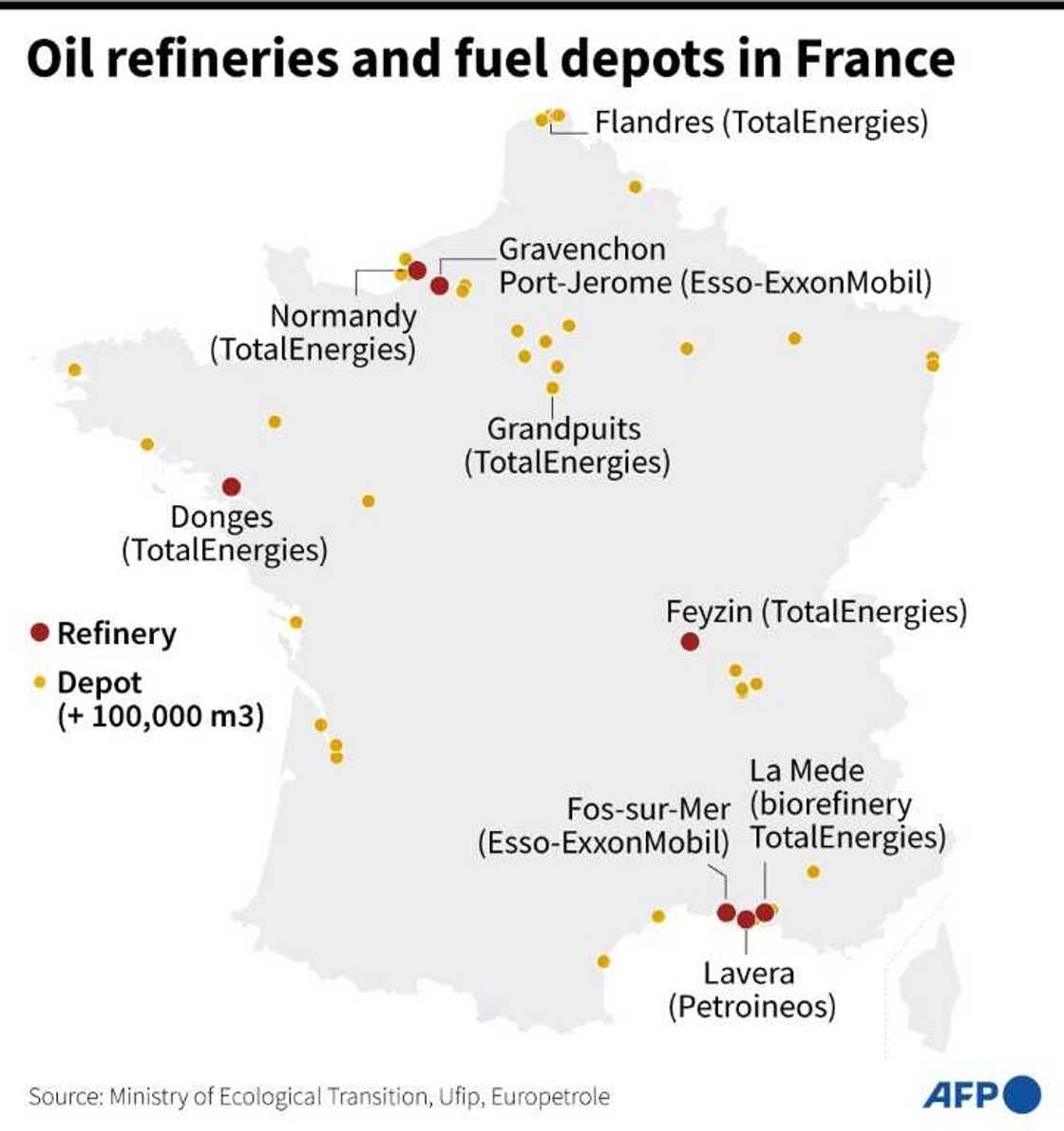 Oil refineries and main fuel depots in France Oil refineries and main fuel depots in France