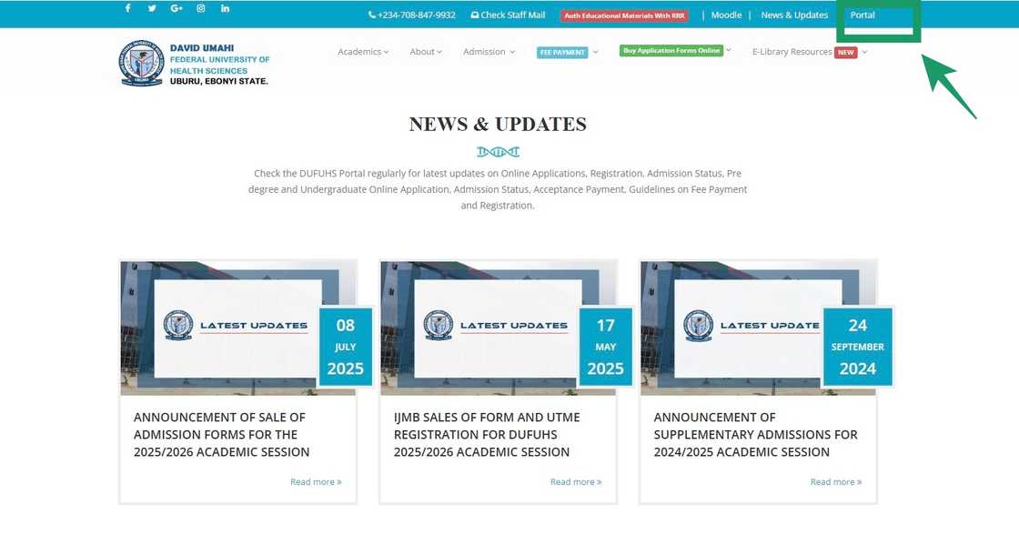 A screenshot of the David Umahi Federal University website homepage A screenshot of the David Umahi Federal University website homepage