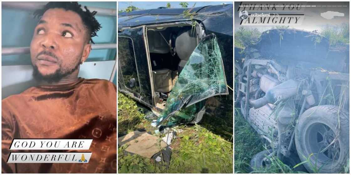 Photos of Nigerian singer Oritsefemi and scenes of the accident.