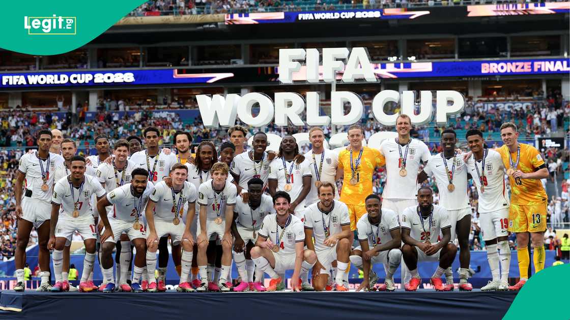 England players pose for a photograph with their bronze medals after victory in the FIFA World Cup 2026 Bronze match against France. Photo by The FA