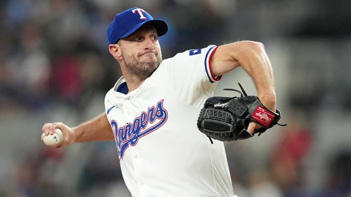 Max Scherzer of the Texas Rangers pitches against the Chicago White Sox.