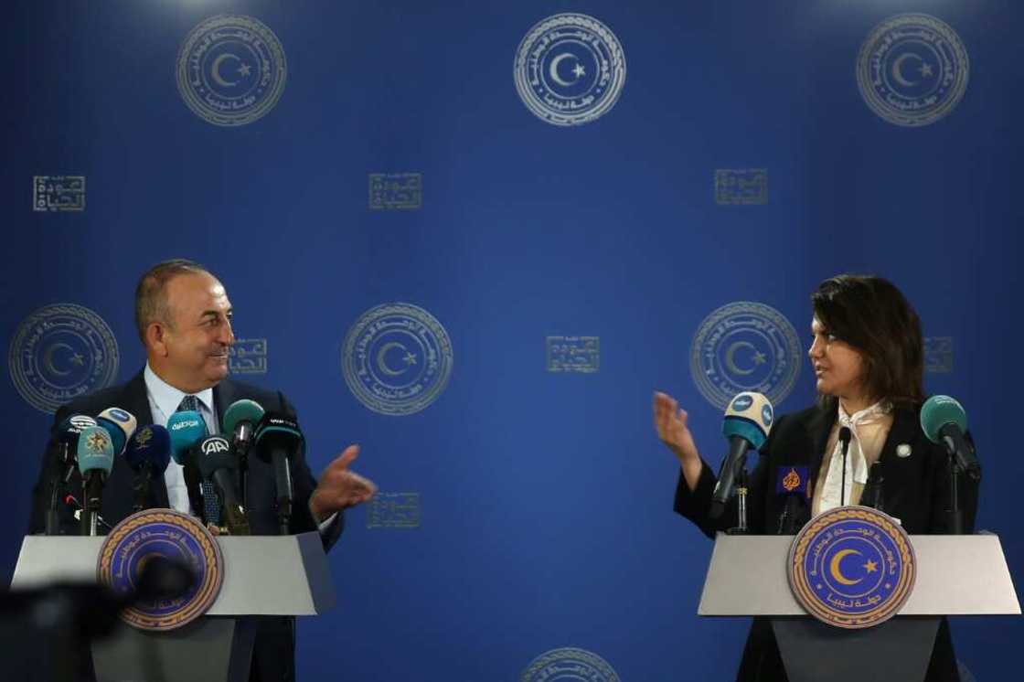Libyan Foreign Minister Najla al-Mangoush and Turkish Foreign Minister Mevlut Cavusoglu speak to reporters after s signing a maritime gas deal Libyan Foreign Minister Najla al-Mangoush and Turkish Foreign Minister Mevlut Cavusoglu speak to reporters after s signing a maritime gas deal