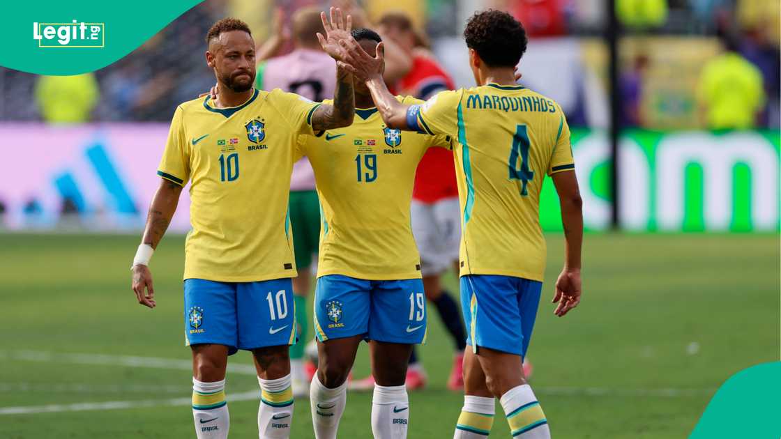 Neymar, Endrick and Marquinhos dejected after the FIFA World Cup 2026 Round Of 16 match between Brazil and Norway. Photo by Richard Sellers