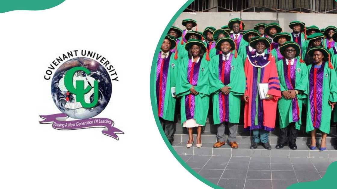 The Covenant University logo and members of the university staff in green academic dresses The Covenant University logo and members of the university staff in green academic dresses