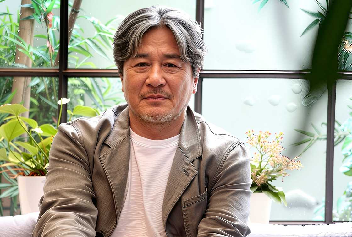 Choi Min-sik poses sits in a white t-shirt and a grey jacket in an airy room. Choi Min-sik poses sits in a white t-shirt and a grey jacket in an airy room.