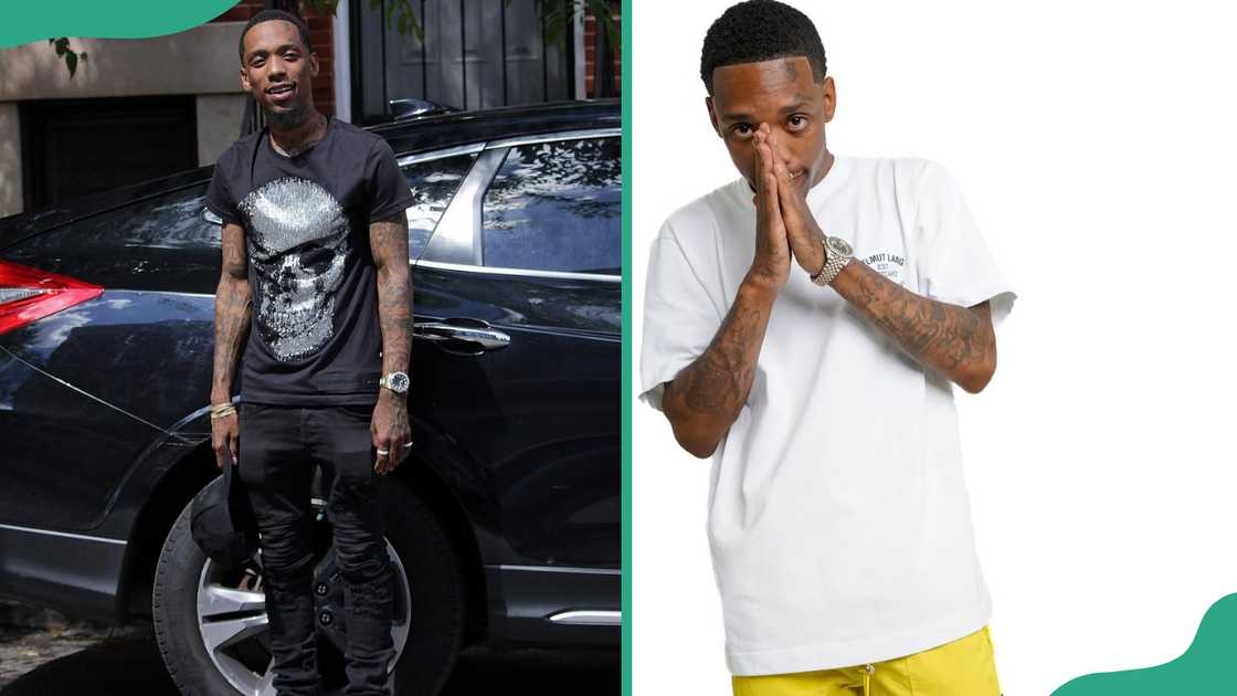 President Davo looks on as he stands next to a black car (L). The rapper in a white T-shirt poses for a photo (R) President Davo looks on as he stands next to a black car (L). The rapper in a white T-shirt poses for a photo (R)