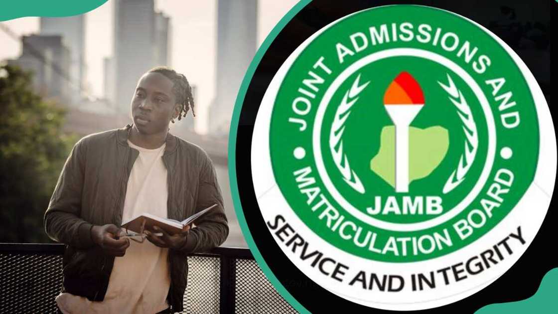 Male student holding a book (L) and JAMB logo (R) Male student holding a book (L) and JAMB logo (R)
