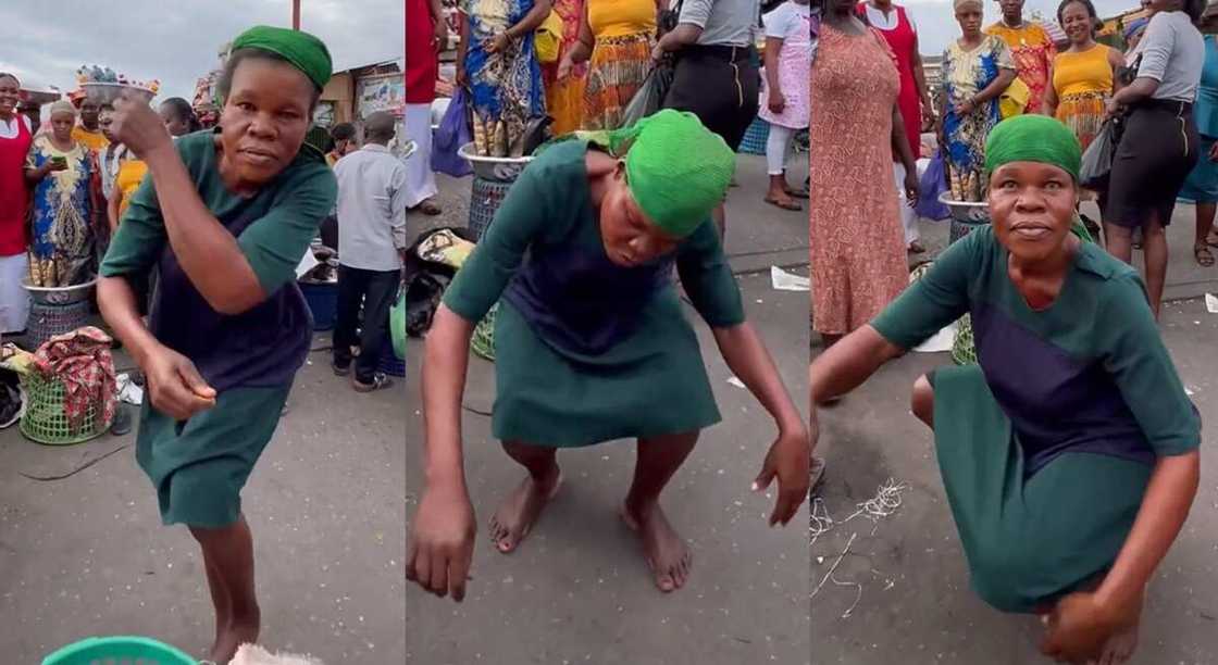 Photos of a smoked fish seller posing for a dance inside a market.