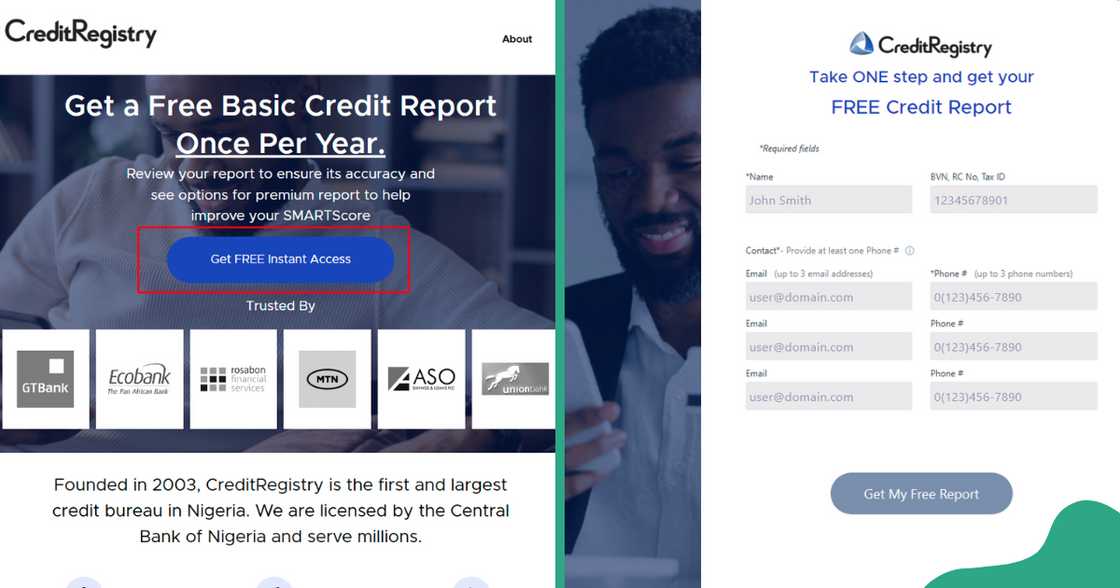 Screenshots showing the process of checking your credit bureau status on CreditRegistry.