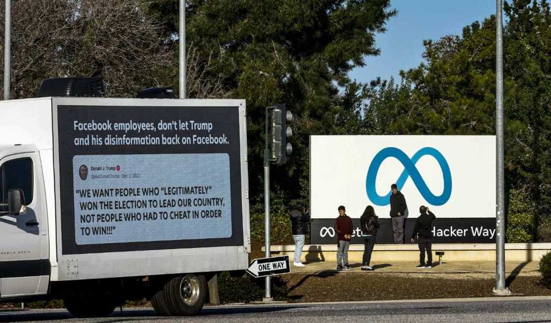 A mobile billboard, deployed by activist group Accountable Tech, is seen outside the Meta headquarter on January 17, 2023 in Menlo Park, California