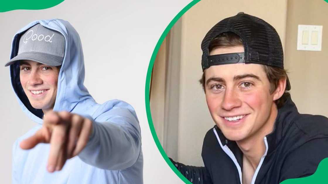 Garrett Clark in a grey hat and blue hood (L). Garrett in a black hat and black jacket (R). Garrett Clark in a grey hat and blue hood (L). Garrett in a black hat and black jacket (R).