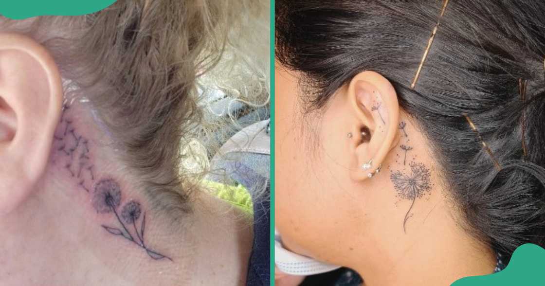 Blown dandelion tattoos behind the ear. Blown dandelion tattoos behind the ear.