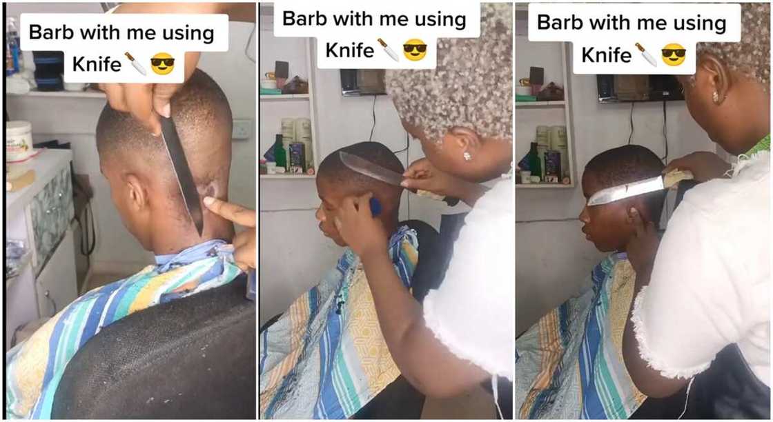 Photos of a female barber using a knife to cut hair.